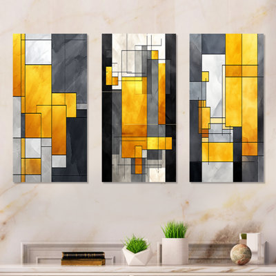 Fusion géométrique jaune et gris I - ensemble de 3 reproductions de toiles géométriques abstraites