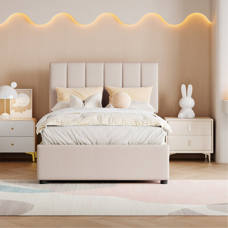 Lit plateforme tapissier simple avec système de rangement hydraulique, beige, Beige