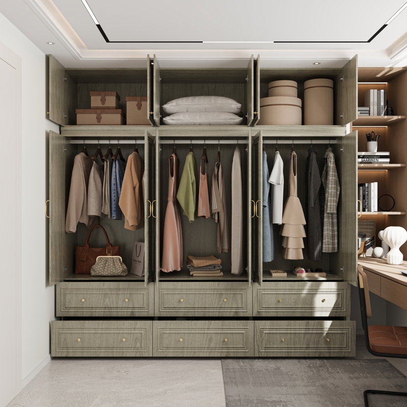 Armoire-penderie de grande taille (94,5 po) de largeur, avec 6 portes, 6 tiroirs et tringles à vêtements., Natural Birch