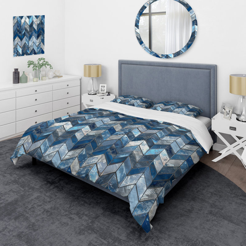 Ensemble de housse de couette Blue Silver Chevron Waves - Glam, Housse de couette simple + 2 taies décoratives st