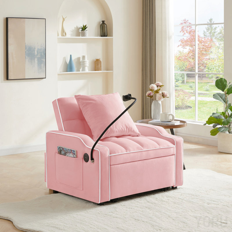 Fauteuil convertible en velours convertible, fauteuil inclinable réglable rose pour les petits espaces