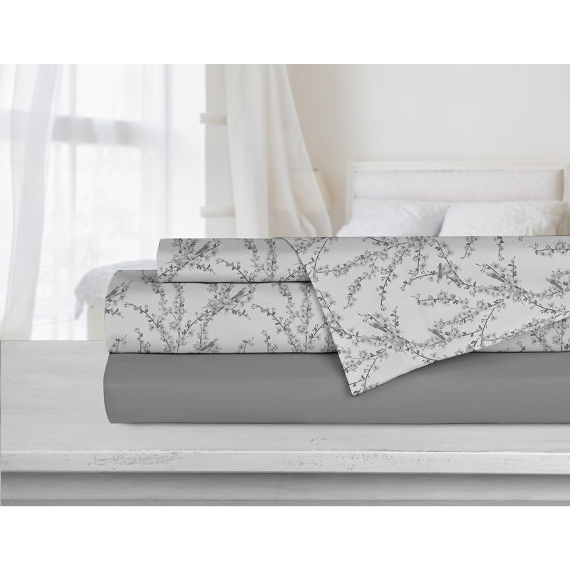 Microfiber Floral Sheet Set, Full Sheet Set + Fitted Sheet + 2 Pillowcases, Gray