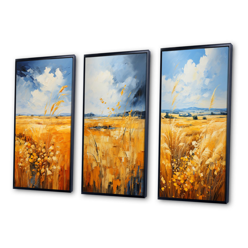 «Yellow Blue» Bold Sky and Golden Prairies - ensemble de 3 impressions, Cadre flottant noir, H 28 po x l 36 po