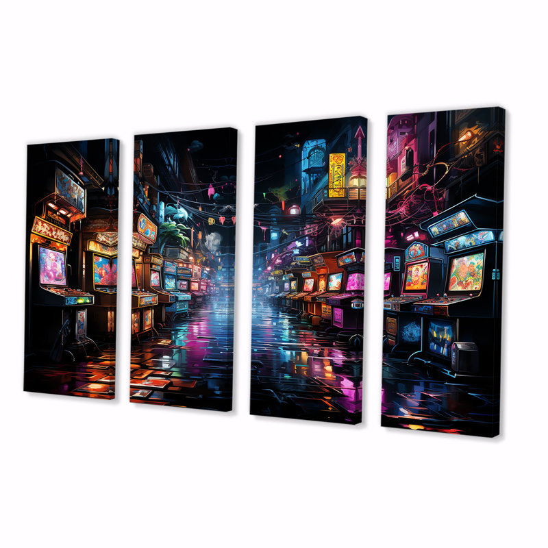 Neon Arcade Video Game Dream - 4 pièces, art mural, H 28 po x l 48 po