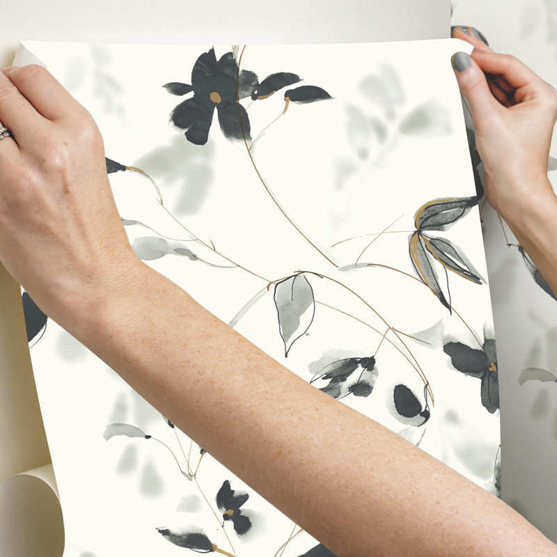Floral Peel & Stick Wallpaper Roll, White/Black/Gold