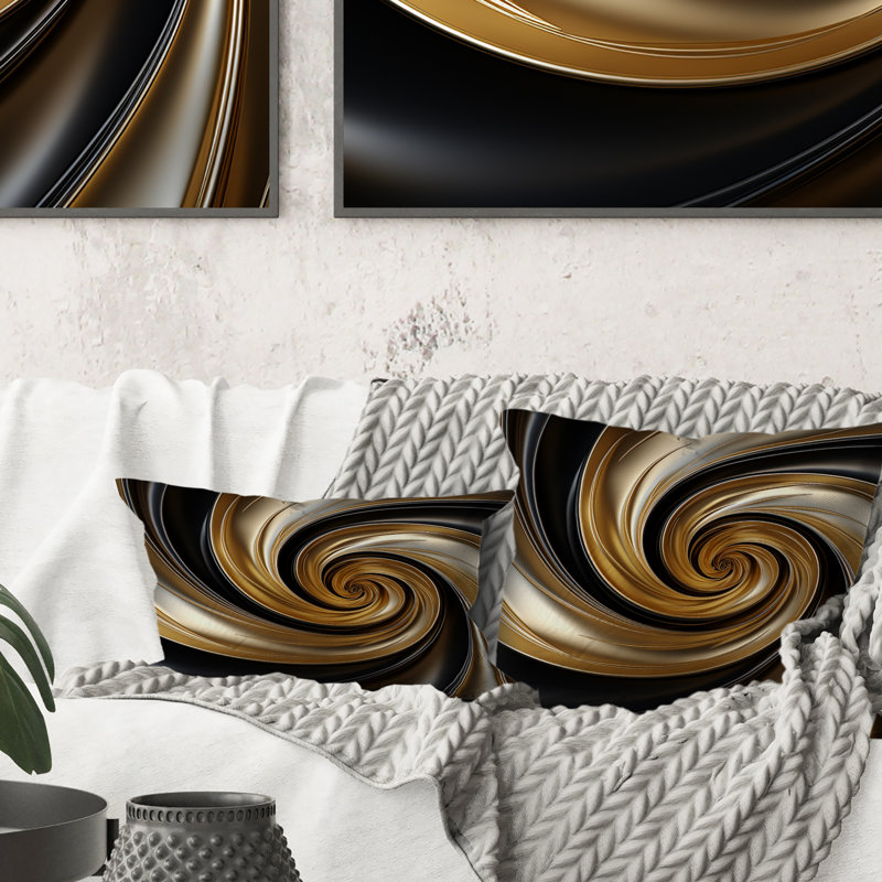Coussin décoratif abstrait à spirale abstraite, or liquide et noir
