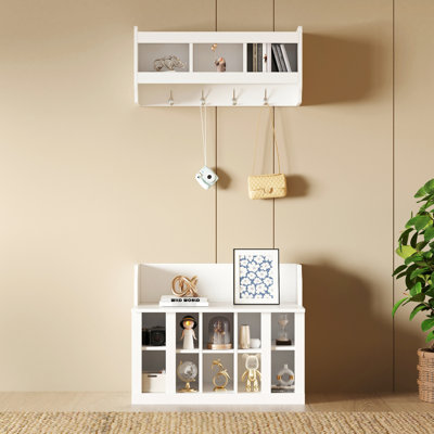 Shoe Bench And Coat Rack , 4 Hooks, Wall Mounted, White Entryway Organizer For Hallway, Foyer, Hanging Unit With Adjustable Mounted Foyer