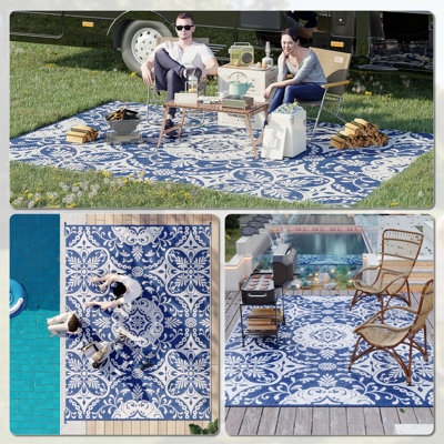 Reversible Plastic Straw Outdoor Patio Rug, Portable Camping Area Carpet Mat For Backyard, Porch, Picnic