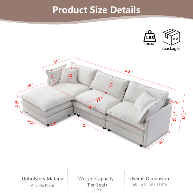 105" Modular L-Shaped Sectional Sofa Upholstered Soft Chenille Fabric 3-Seater Couch with Ottoman and Pocket Spring Cushions for Living Room