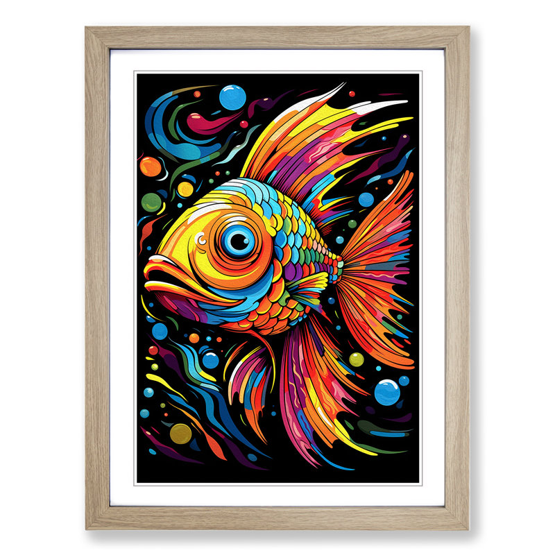 Fish Pop - Single Picture Frame Print on Wood, Oak Framed, 64cm H x 46cm W