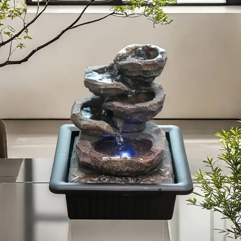 A Five-level Table Top Fountain with Colorful LED Lights Relaxes The Indoor Water Feature And Brings Soothing Sounds, Suitable for Home, Office And Bedroom Decor