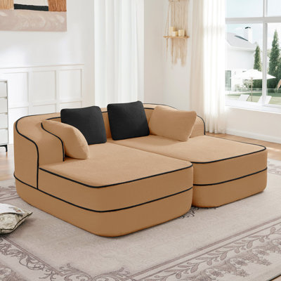 77.2" Teddy Fabric No Assembly  32D High Density Sponge Boneless Sofa,Fluffy Comfy Couch With Double Chaises,Sleeper Sofa,Contrast Color Design,Symmetrical Aesthetics,For Living Room