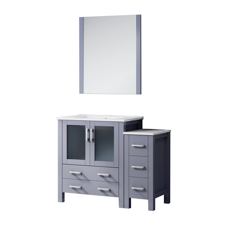 Meuble-lavabo gris foncé de 107 cm de large, armoire latérale, comptoir en céramique blanche, miroir de 71 cm, fermeture amortie, cinq tiroirs et un tiroir intérieur anti-rayures, mécanisme de fermeture, rangement, dessus