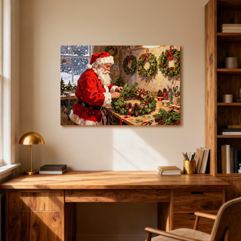 Scène de Noël de Noël faisant des couronnes de Noël, H 12 po x l 18 po