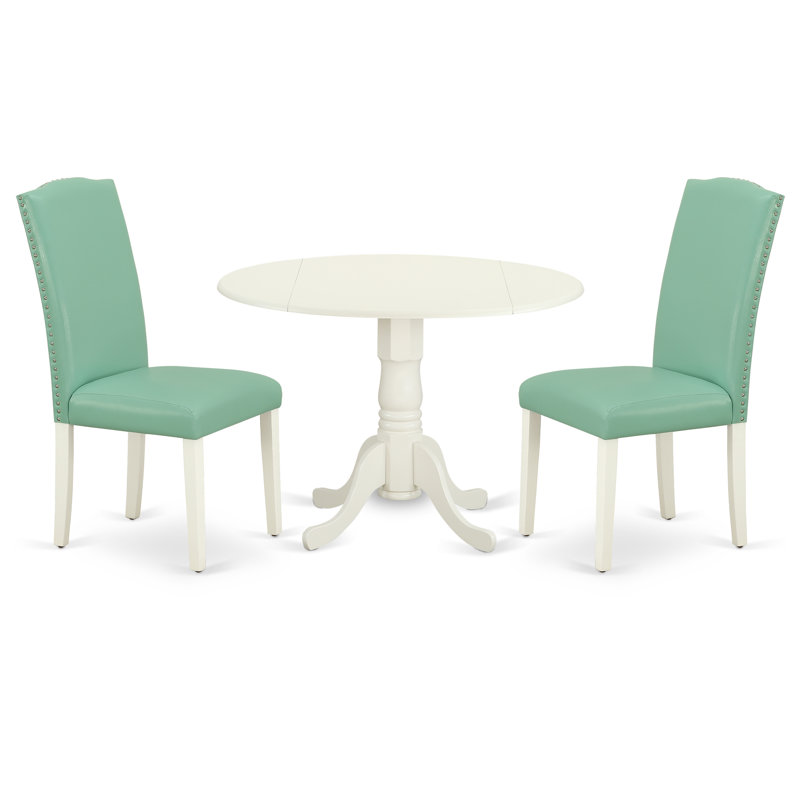 L'ensemble de table de salle à manger 5 pièces comprend une table de cuisine ronde avec Dropleaf et 4 chaises de salle à manger Parson en simili cuir pour étang, 42 x 42 po, lin blanc