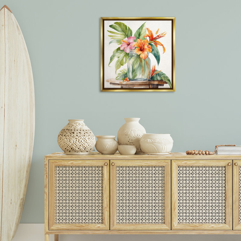 "Tropical Floral Jar", art mural sur toile flottante par Kim Allen, Cadre flottant métallique doré, H 25 po x l 25 po