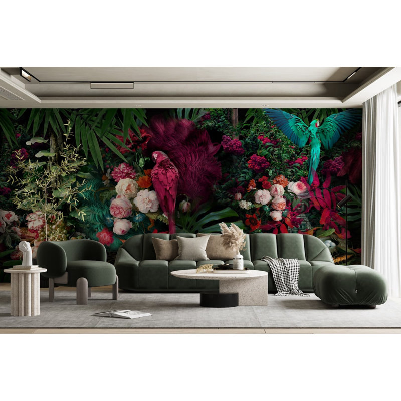 Adhésif mural fleur de pivoine et perroquet Maren, L 49 po x l 75 po