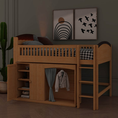 Lit mezzanine avec armoire de rangement, garde-robe et éclairage intégré, lit mezzanine en bois robuste avec échelle et rails de sécurité pour adolescents