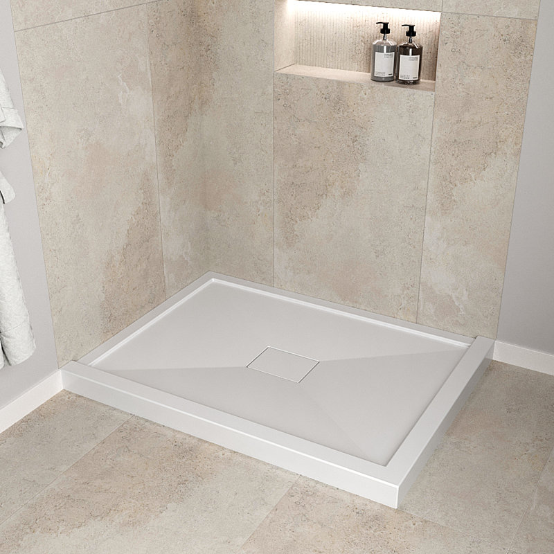 Base de douche 48 po x 36 po en acrylique blanc brillant avec bonde centrale, bonde incluse, Blanc lustré