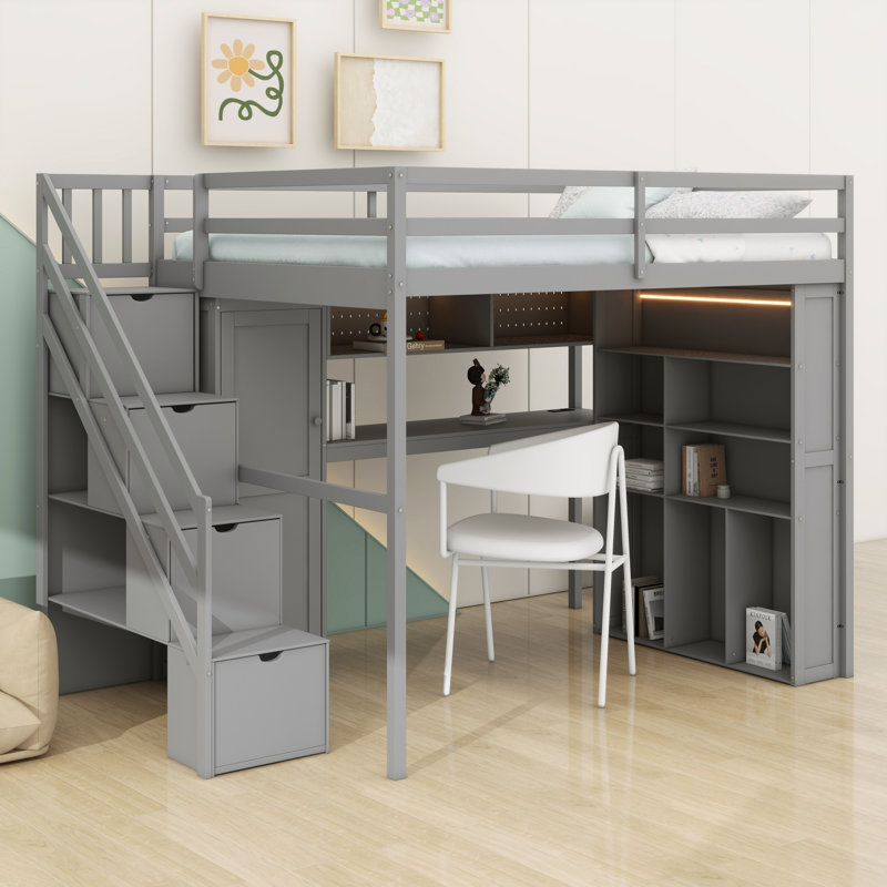 Structure de lit mezzanine moderne avec garde-robe, bureau, tablettes de rangement et lumières intégrées, Gris