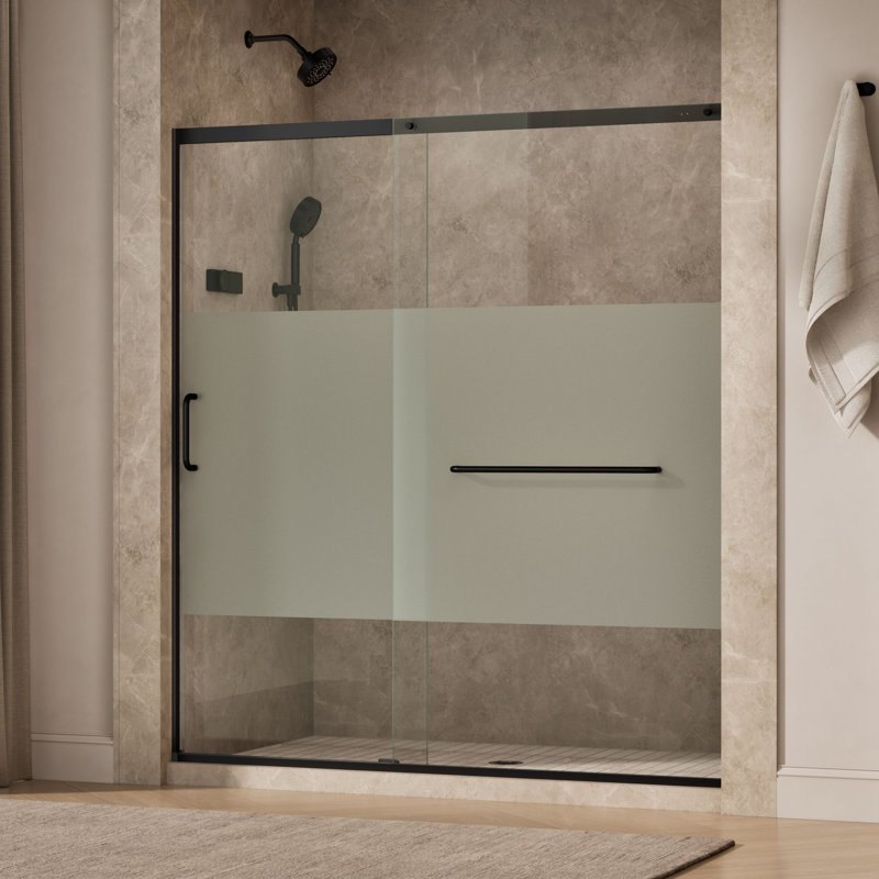Sliding Shower Door, 75-1/2-In H X 68-1/4 - 71-5/8-In W, With Heavy 5/16-In Thick Crystal Clear Glass With Privacy Band