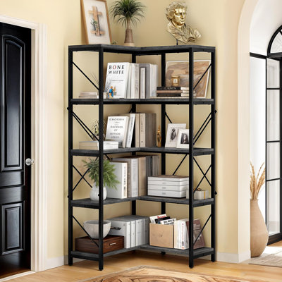 5 Tier Black Gray Large Display Corner Bookcase Storage for Bedroom Home Living Office