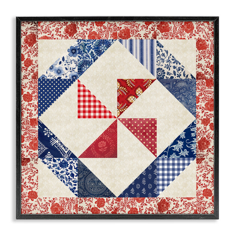 Collage de motifs de courtepointe, art de la giclée encadrée en rouge, design par Susan Arnot, Giclée encadrée noir minuit