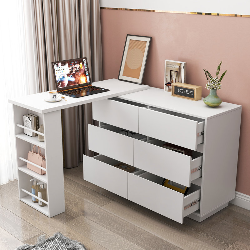 Bureau d'ordinateur en L avec tiroirs et tablette à 3 niveaux Storifier