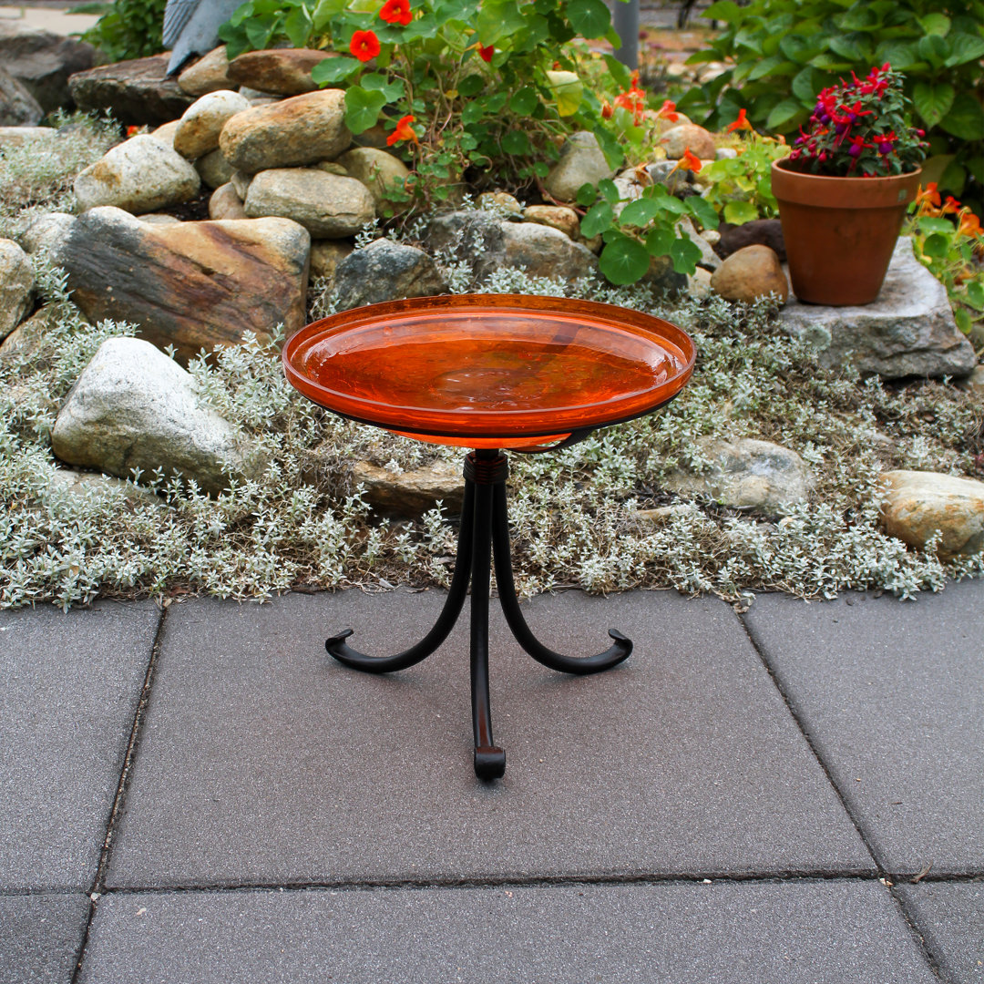14" Crackle Glass Birdbath with Tripod Stand ACHLA 