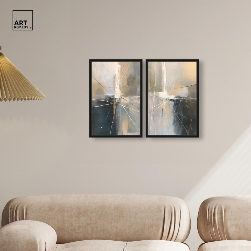 Contemporary Abstract Diptych Canvas Print Gold Boho Wall Decor Set by Art Remedy, White Frame, 36 x 54, 16" H x 11" W