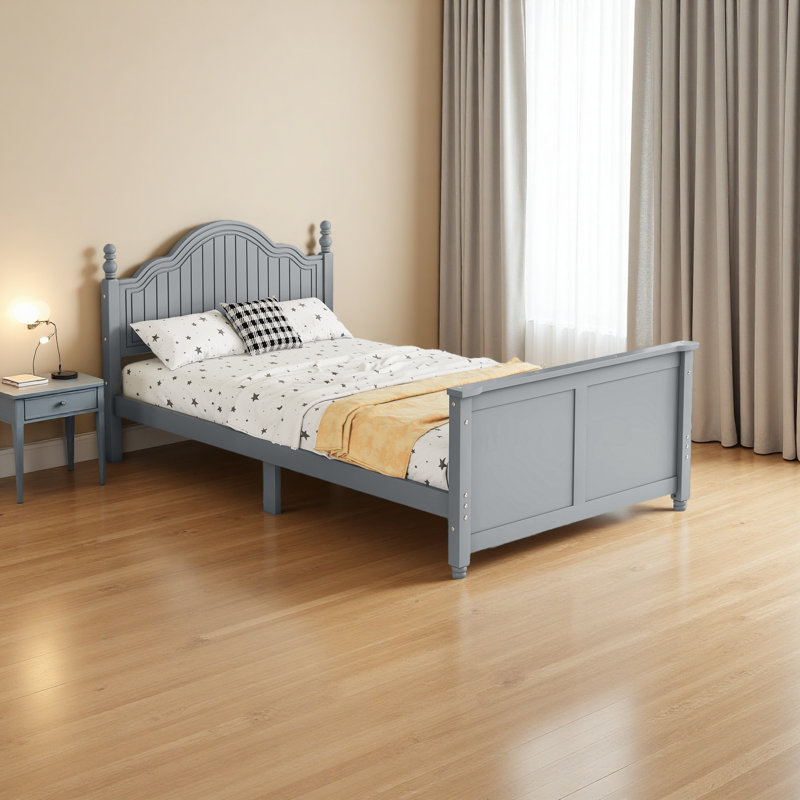 Lit pour enfants, lit plateforme en bois avec tête et pied de lit, Gris, Lit simple