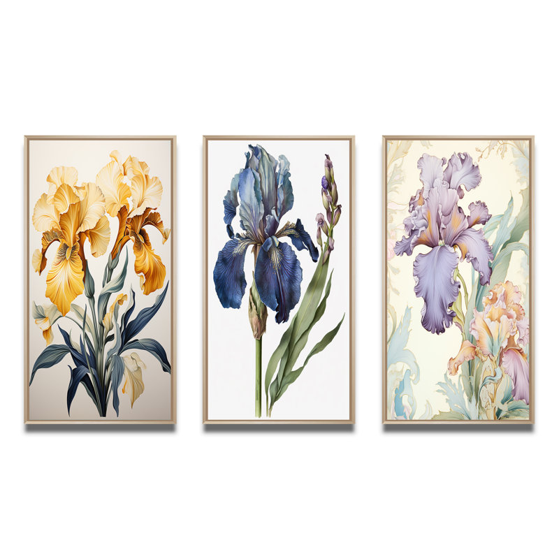 Illustration rétro d'iris dorés - Ensemble de 3 pièces, H 40 po x l 60 po, Cadre naturel flottant