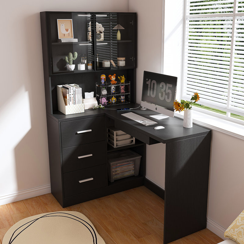 Computer Desk With Glass Cabinets & Built-In LED Lights, Corner L-Shaped Office Desk With USB Charging Ports, Keyboard Tray, Ergonomic Design For Home And Corporate Workspaces(Black)