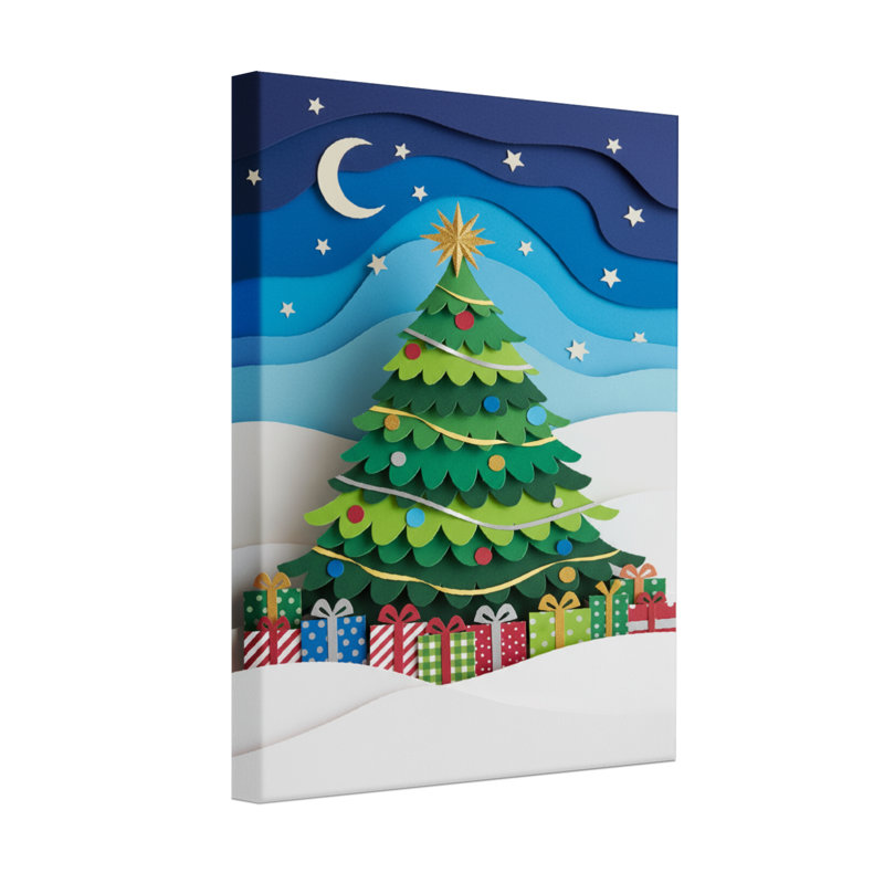 Noël, arbre de Noël, ciel nocturne, étoiles, lune, cadeaux, neige, H 18 po x l 12 po