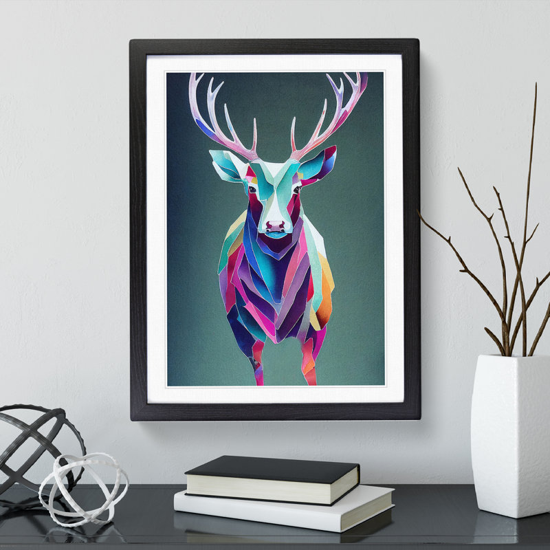 Colourful Stag Geometric Abstract - Single Picture Frame Print, Black, 64cm H x 46cm W x 2cm D