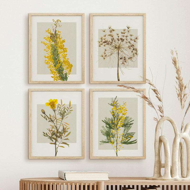 Fleurs encadrées, ensemble de 4 impressions géométriques murales carrées jaunes encadrées sur papier, impression de 4 pièces