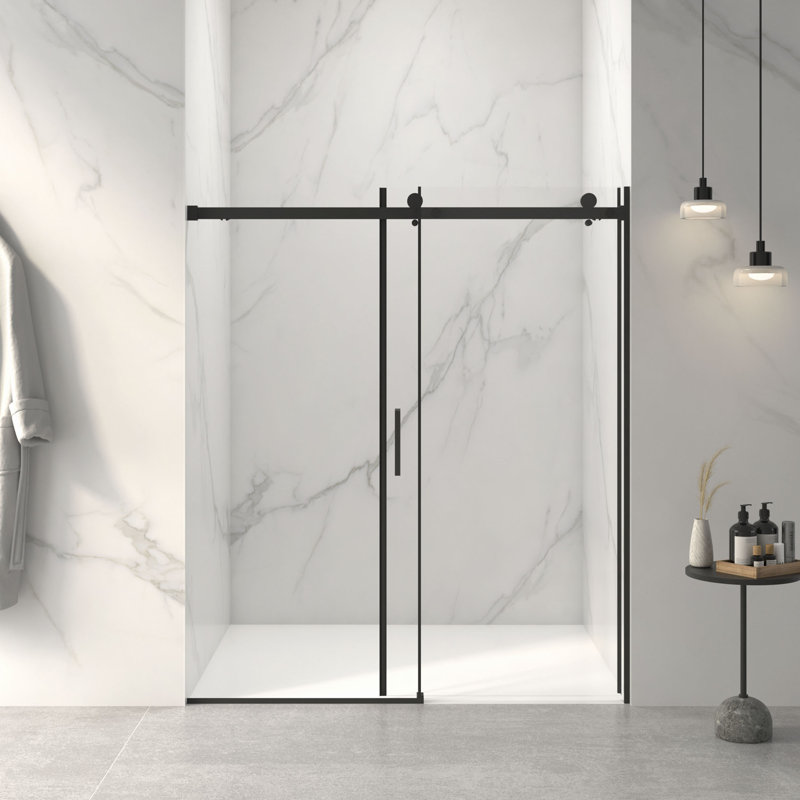 Porte de douche coulissante sans cadre l 56 à 60 po x H 72 po, verre trempé clair de 5/16 po (8 mm) de large épaisseur, couche facile à nettoyer, avec tampon