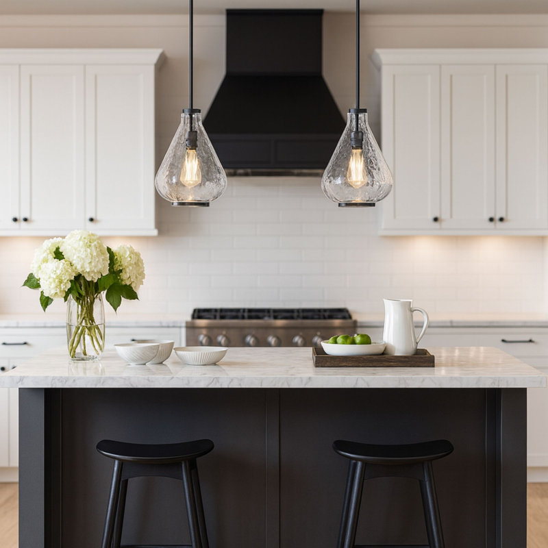 Kostner 1-Light 9.75” Wide Pendant, Clear Water Texture, Matte Black