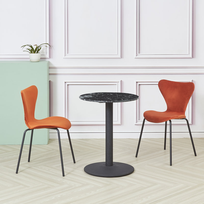 Round Faux Marble Top Metal Base Dining Table, 75cm H x 60cm L x 60cm W , Black, Black