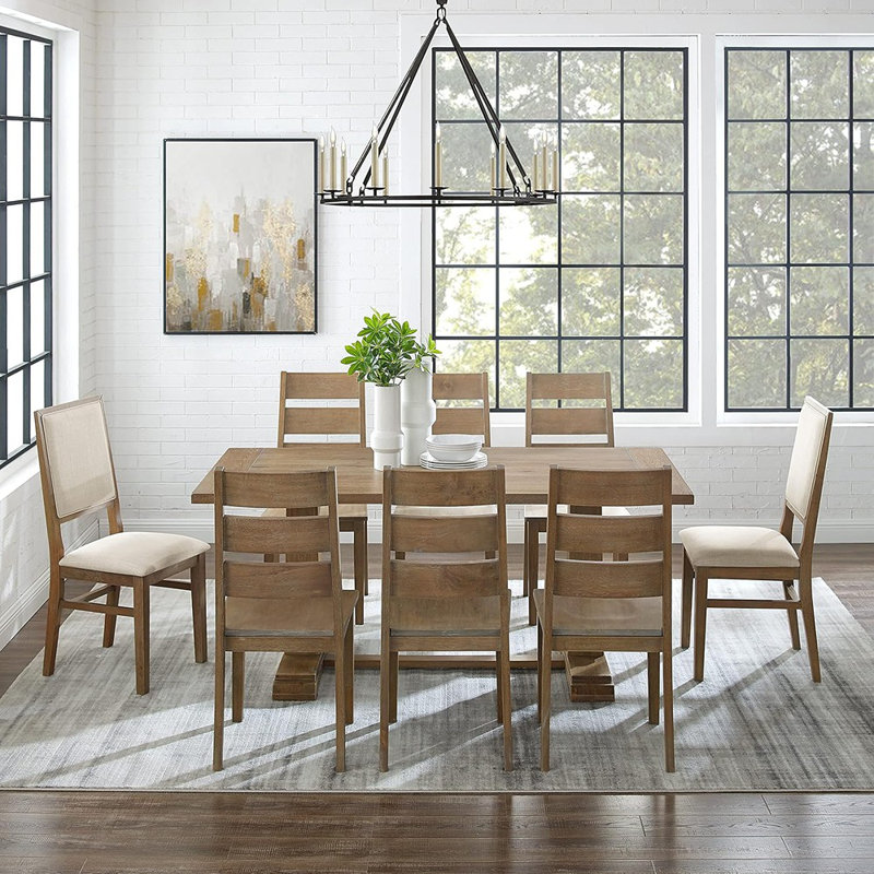 Ensemble de table de salle à manger 9 pièces pour 8 personnes avec 6 chaises à dossier échelle et 2 chaises rembourrées, brun rustique / crème