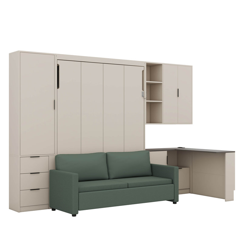 Grand lit escamotable avec bureau, tablettes et tiroirs, grand lit escamotable vertical avec canapé, éclairage DEL / USB, lit escamotable en bois