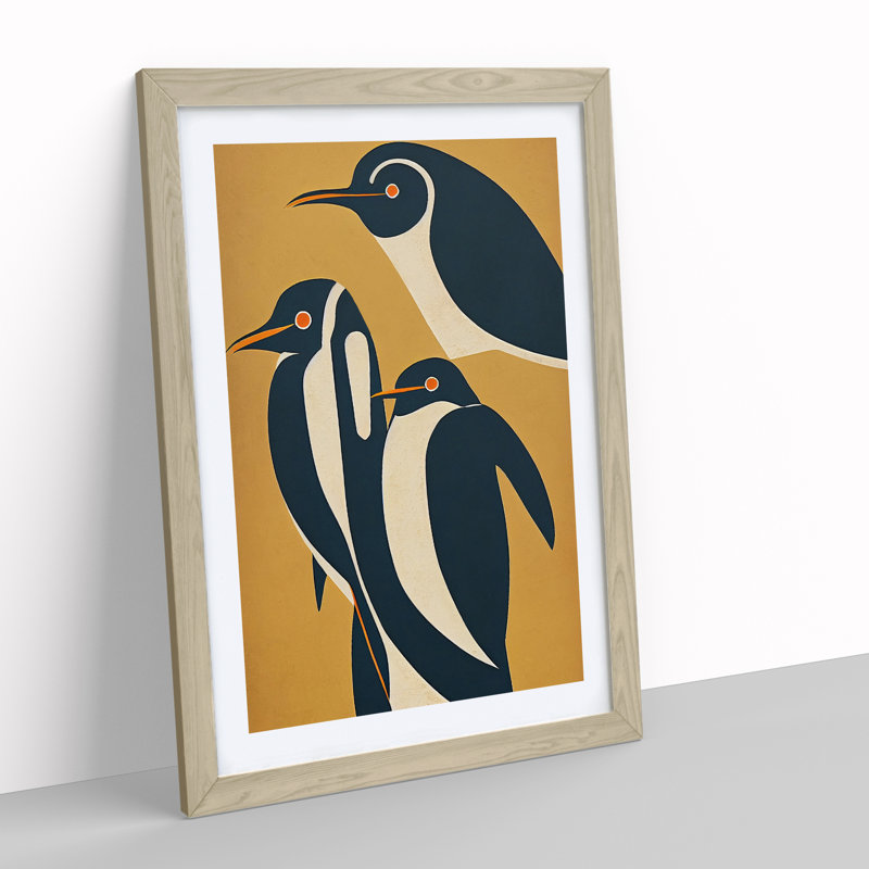 Abstract Penguins - Single Picture Frame Painting, 64cm H x 46cm W x 2cm D, Oak