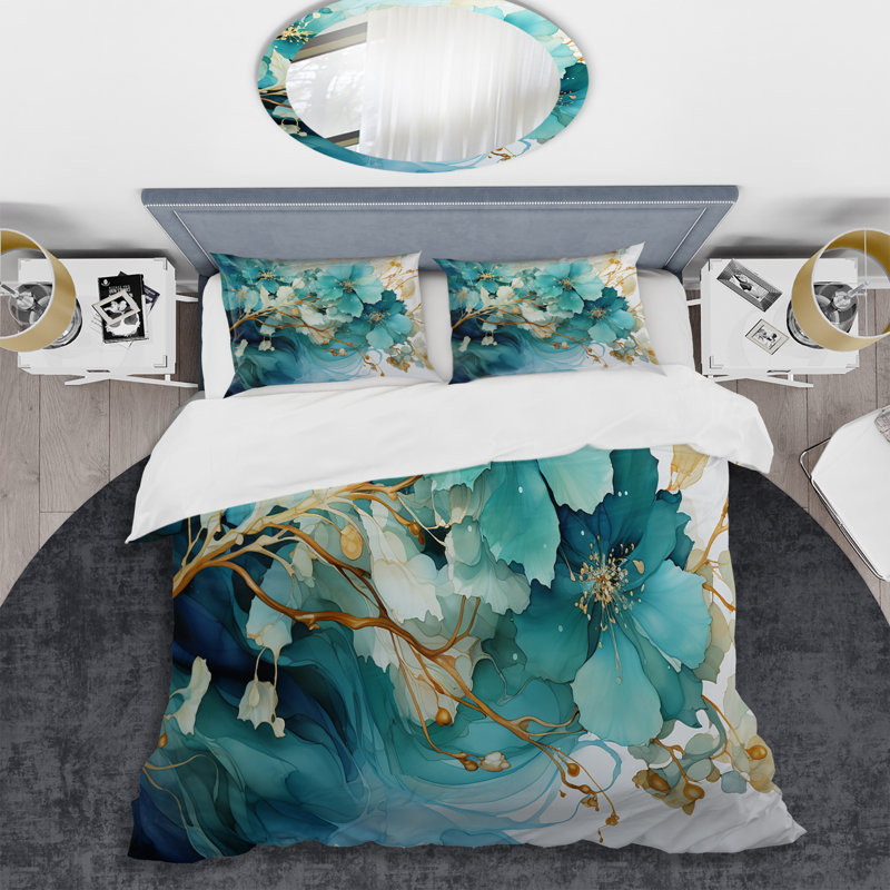 Teal Gold Abstract Fractal Mystic Mirage I - Fractals Duvet Cover Set - Microfiber Polyester, King Duvet Cover + 2 King Shams