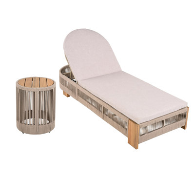 Outdoor Rope Chaise Lounge  Set , Patio Lounge Chairs, Outside Poolside Lounge Furniture, Teak Look Wood Side Table And Beige Cushions, Chaise Lounge With Adjustable Backrest( Grey Rope)