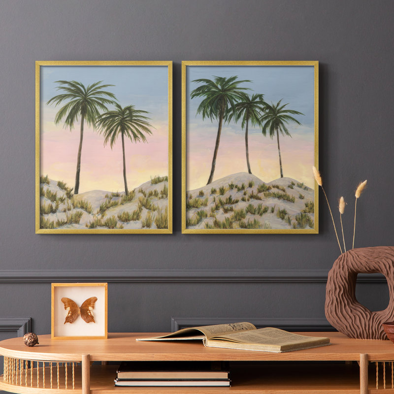Impression encadrée Sunrise Palms I-Premium - prête à être accrochée - aucun clou requis - aucun clou requis, Doré