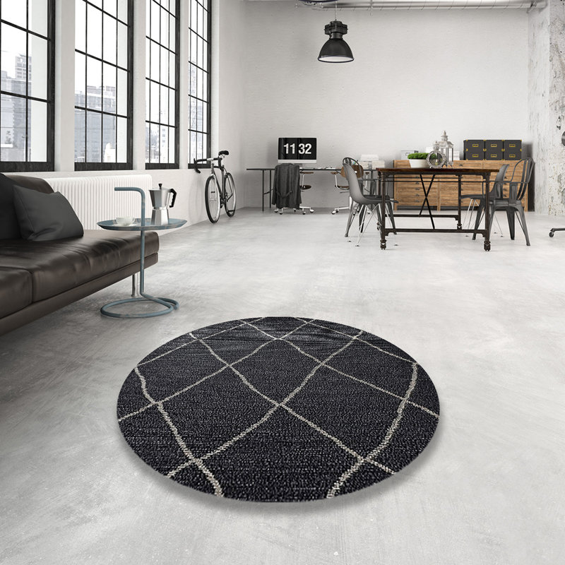 Tapis géométrique beige / noir Botolph, Rond 7 pi