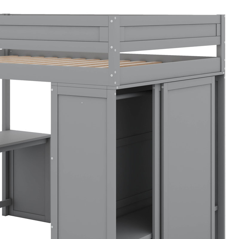 Lit mezzanine double avec placards et bureau, Gris, Double