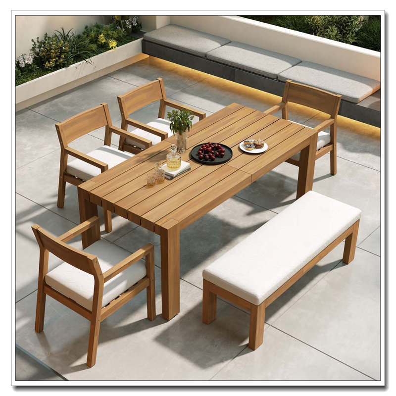 Ensemble repas 6 pièces en bois d'acacia avec banc et parasol (teck clair) 6 pièces, Teck clair