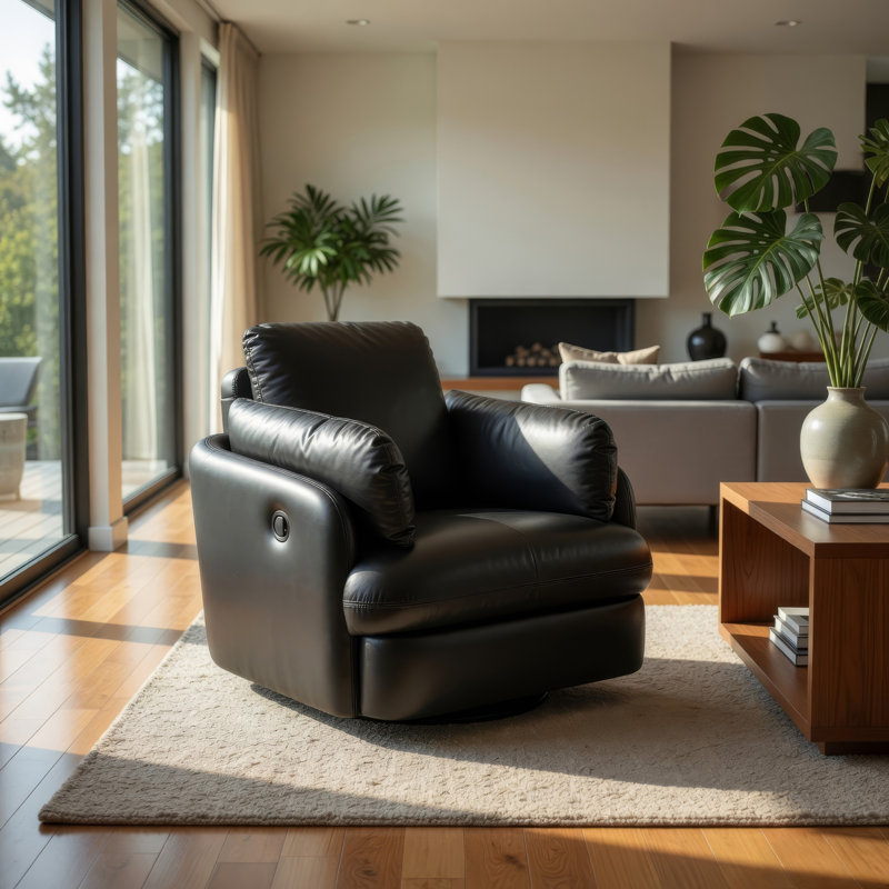 Modie Swivel Glider Recliner Chair with One Pull Motion, Black Leather