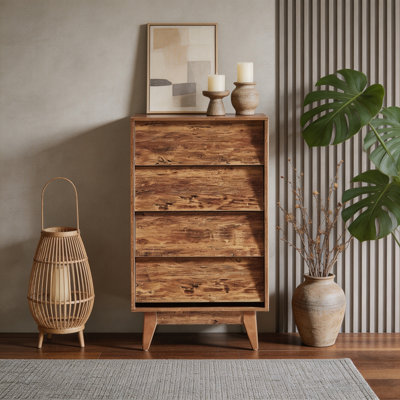 La commode double à 4 tiroirs présente une commode de style rétro et biseautée avec des pieds en bois massif pour la chambre à coucher